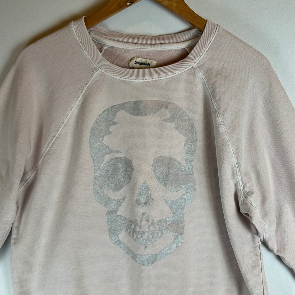 Zadig & Voltaire Womens Pink Skull Graphic Raglan Sweatshirt Silver Metallic M - Picture 6 of 9